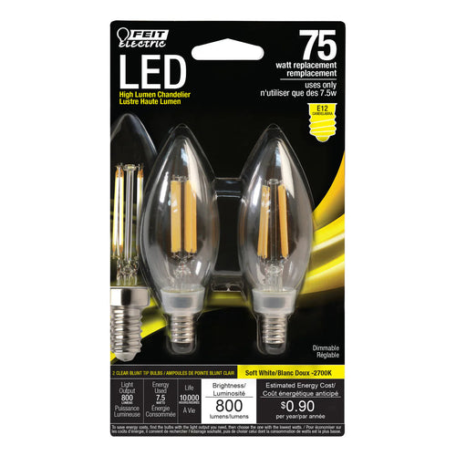 Feit Electric 75W Replacement Clear B10 Dimmable Soft White Decorative LED