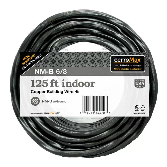 Marmon Home Improvement 125 ft. 6/3 Black Stranded CerroMax SLiPWire Copper NM-B Wire (125', Black)